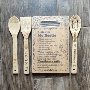 Wooden 'My Bestie' Recipe Cutting Board & Spoons Set - Light Natural